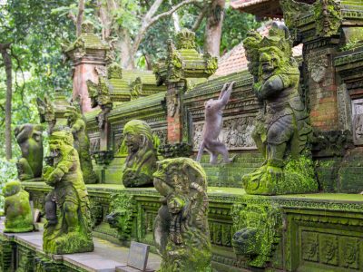 Monkey-Climbs-statues-at-Sacred-Monkey-Forest-Ubud-Indonesia